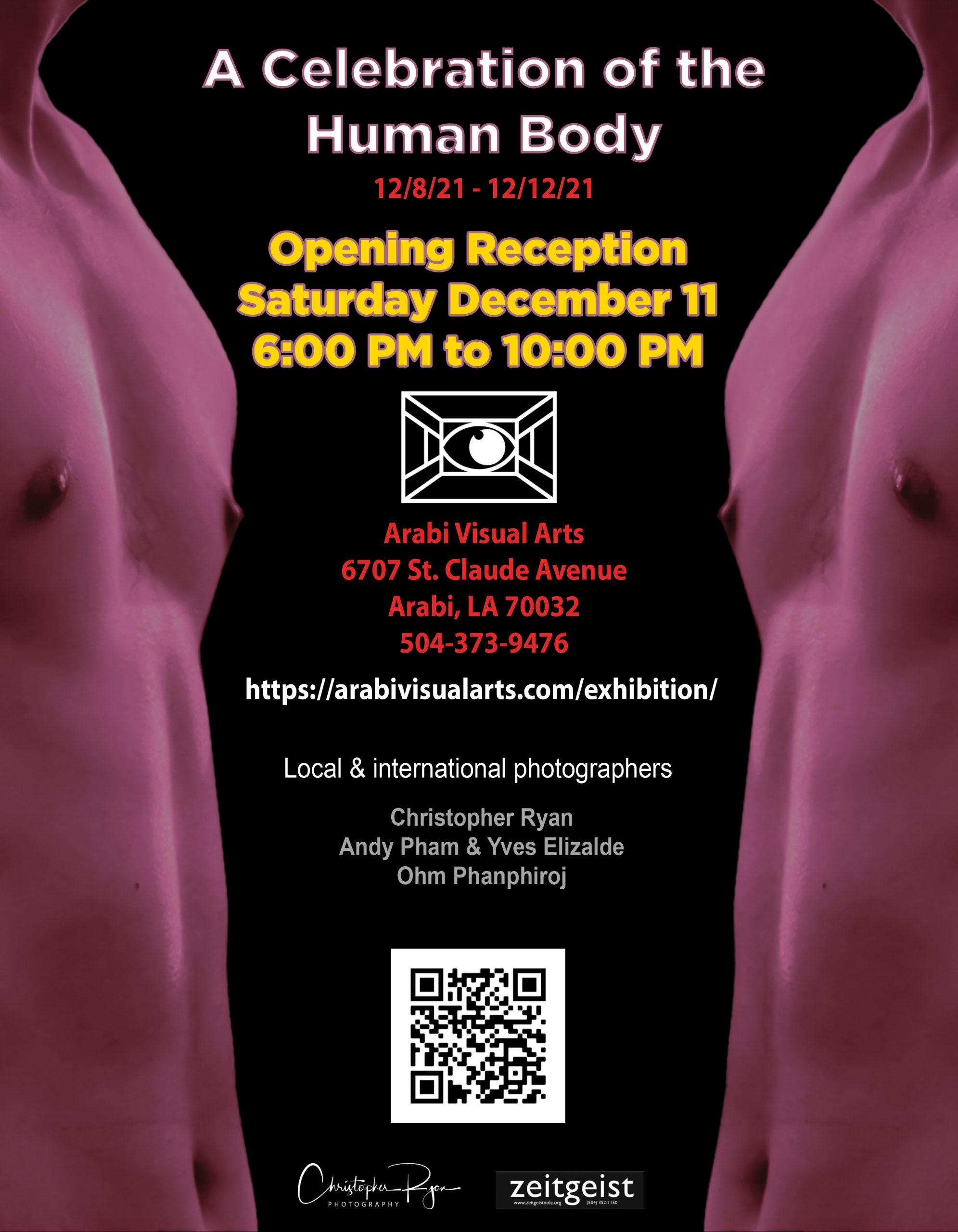 Exhibition postcard for A Celebration of the Human Body at Arabi Visual Arts, featuring fine art photography by Christopher Ryan.