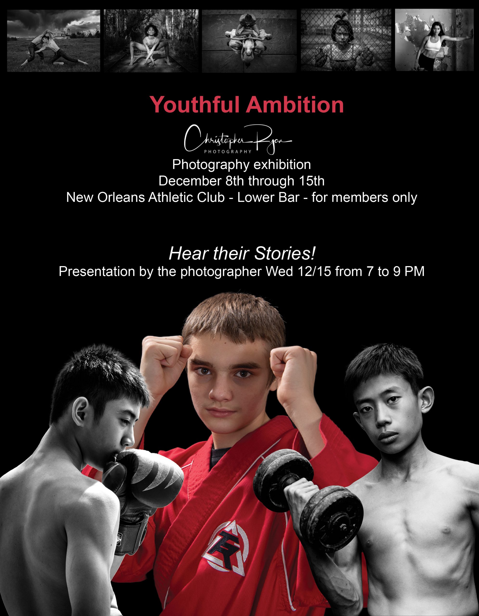 Exhibition flyer for the Youthful Ambition show at the New Orleans Athletic Club, featuring fine art by photographer Christopher Ryan.