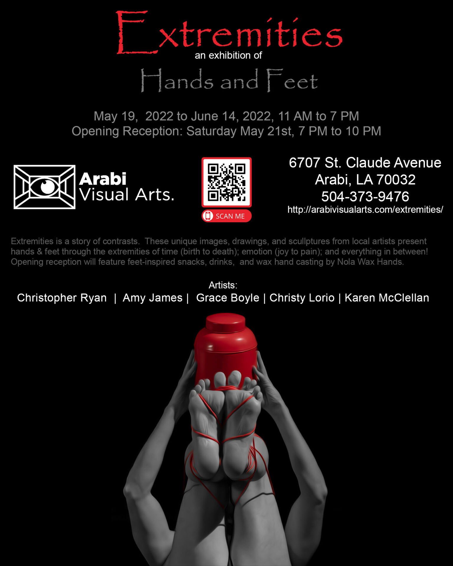 Fine art exhibition flyer for Extremities: An Exhibition of Hands and Feet at Arabi Visual Arts by photographer Christopher Ryan.