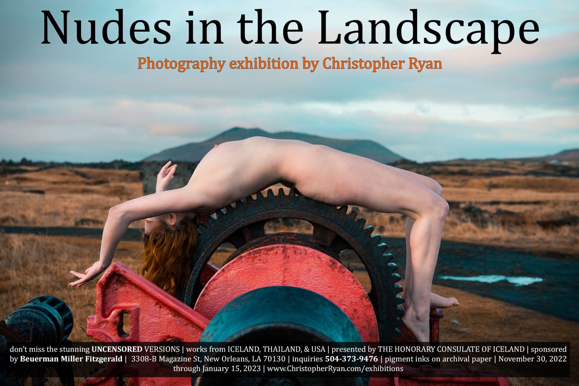 Fine art exhibition flyer for Nudes in the Landscape at the Honorary Consulate of Iceland, featuring photography by Christopher Ryan.