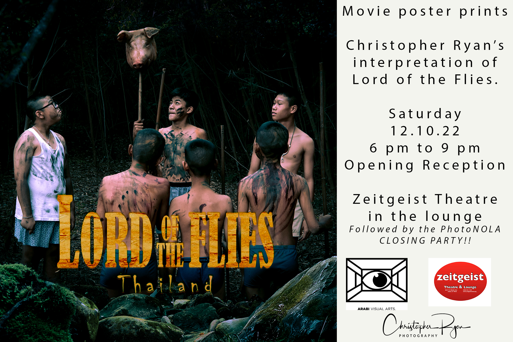 Exhibition flyer for the Lord of the Flies Movie Posters showcase at Zeitgeist Theaters featuring work by Christopher Ryan.