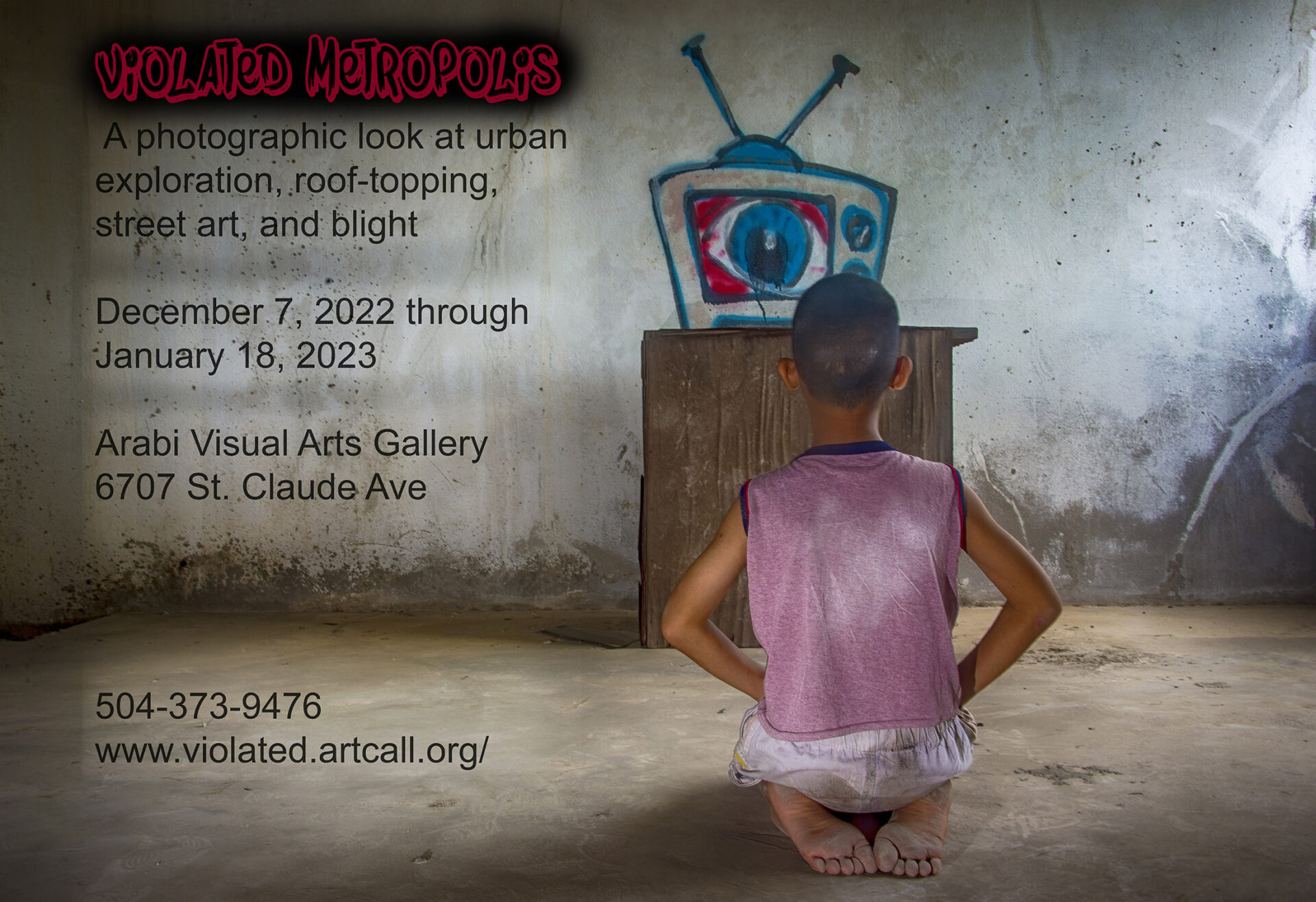 Photography exhibition postcard for Violated Metropolis at Arabi Visual Arts, featuring artwork by Christopher Ryan.
