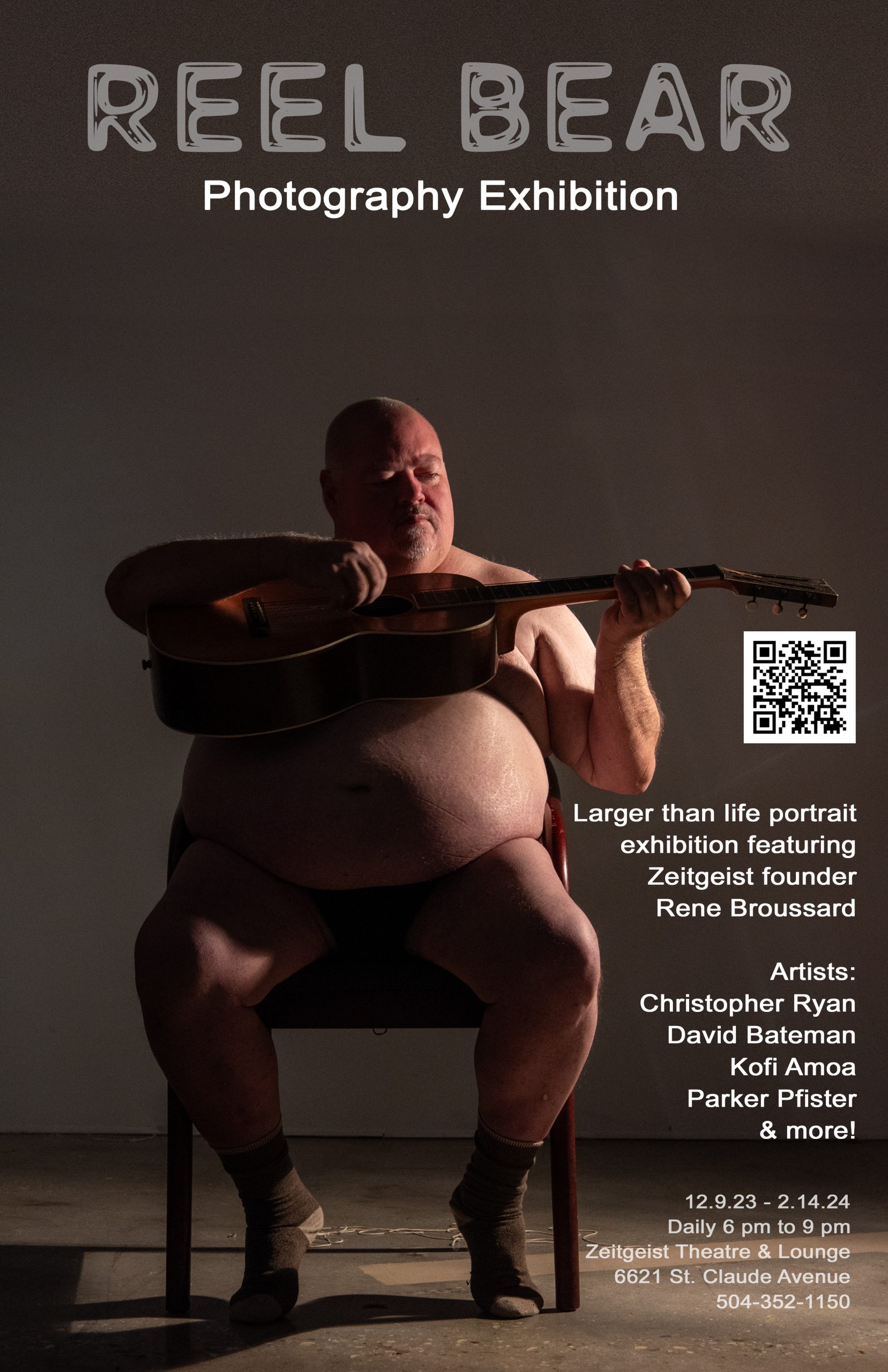 Photography exhibition flyer for the Reel Bear show at Zeitgeist Theatres, featuring work by Christopher Ryan.