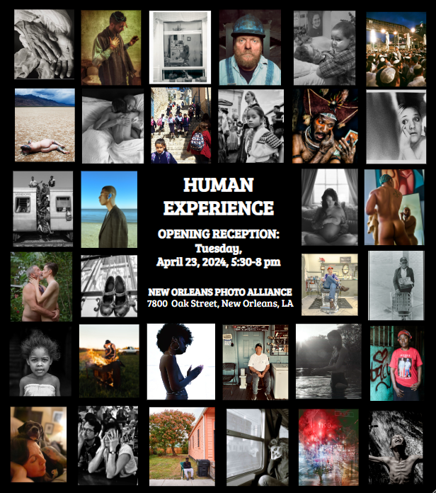 Fine art exhibition poster for The Human Experience at the New Orleans Photo Alliance, featuring photography by Christopher Ryan.