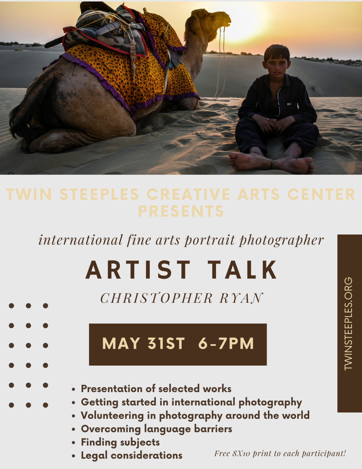 Artist talk and exhibition flyer at Twin Steeples Gallery, featuring fine art photographer Christopher Ryan.