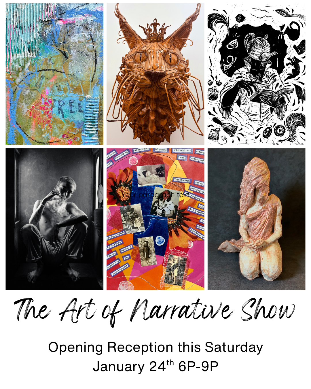 Fine art gallery flyer for The Art of the Narrative exhibition at Avondale Arts, featuring photography by Christopher Ryan.
